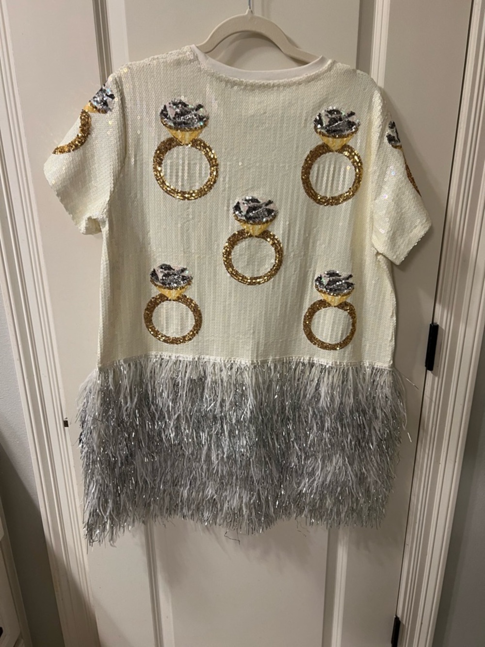 QUEEN OF SPARKLES Ivory Sequin Ring-Embellished Dress with Silver Fringe